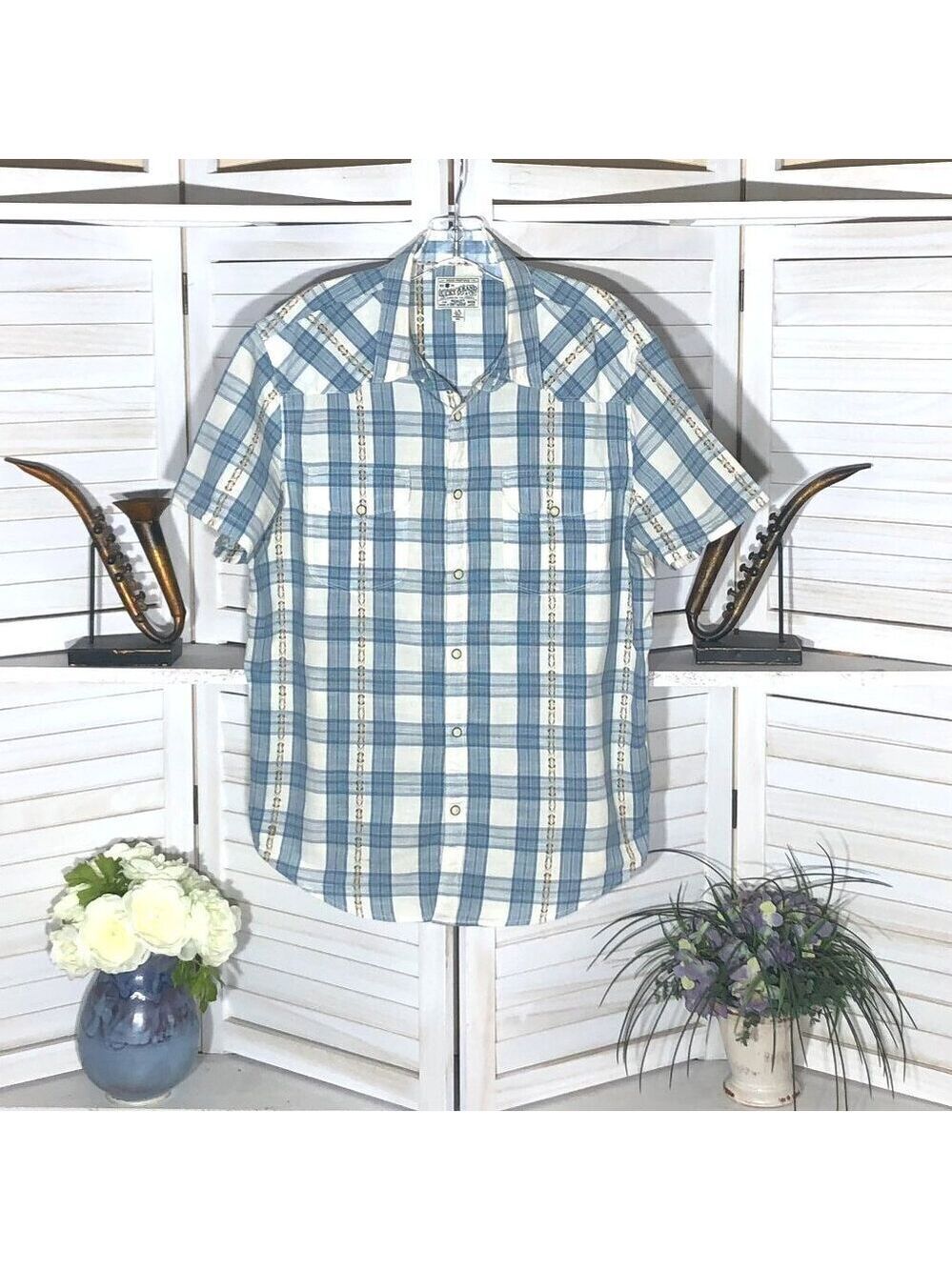 Lucky Brand Western Plaid Embroidered Shirt Cream Blue Large